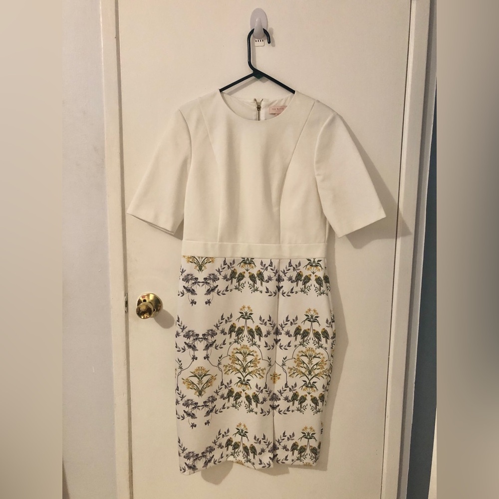 Ted Baker Papyrus Cream Bodycon Dress with Floral Print Birds Garden size 8
